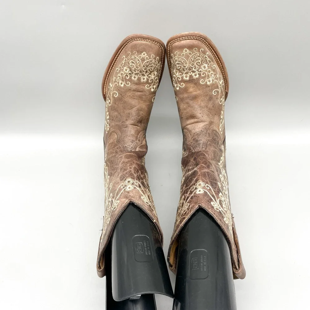 Corral Teen Size 4T Brown Leather Floral Embroidered Square Toe Western Boots